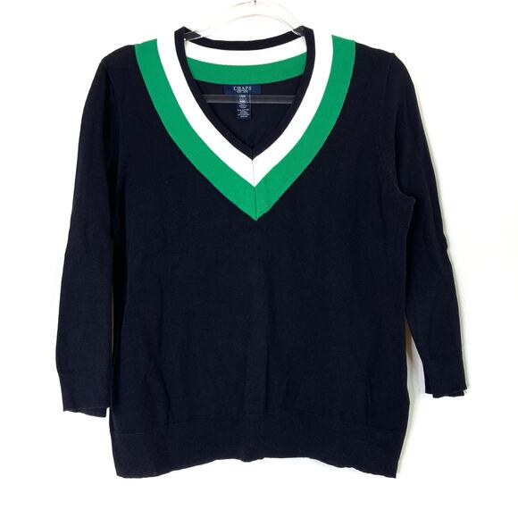 Chaps | 3/4 Sleeve Sweater Navy Blue V-Neck Stripe Cotton Blend Womens Large - Picture 1 of 4